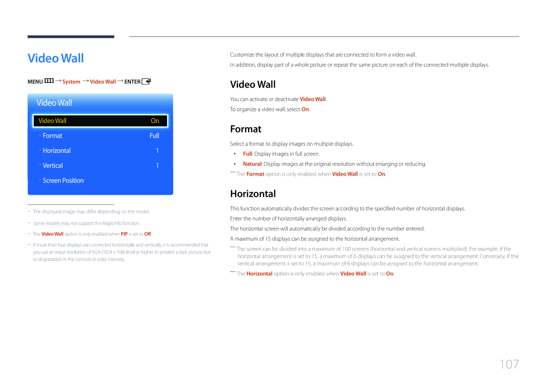 Samsung ED46C, ED65C, ED55C, ED32C, ED40C user manual Video Wall, 107, Format, Horizontal 