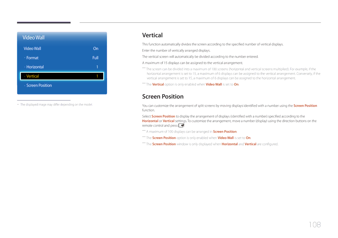 Samsung ED32C, ED65C, ED55C, ED46C, ED40C user manual 108, Vertical, Screen Position, Video Wall · Format Full · Horizontal 