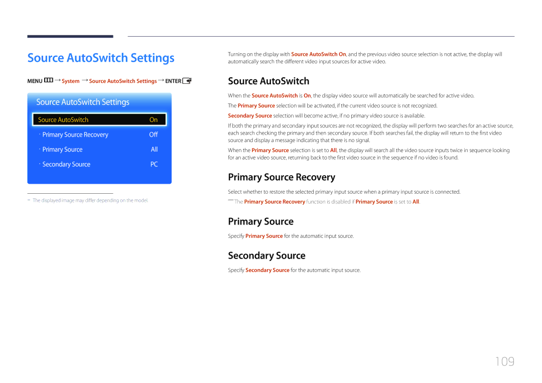 Samsung ED40C, ED65C, ED55C, ED46C, ED32C user manual Source AutoSwitch Settings, 109 