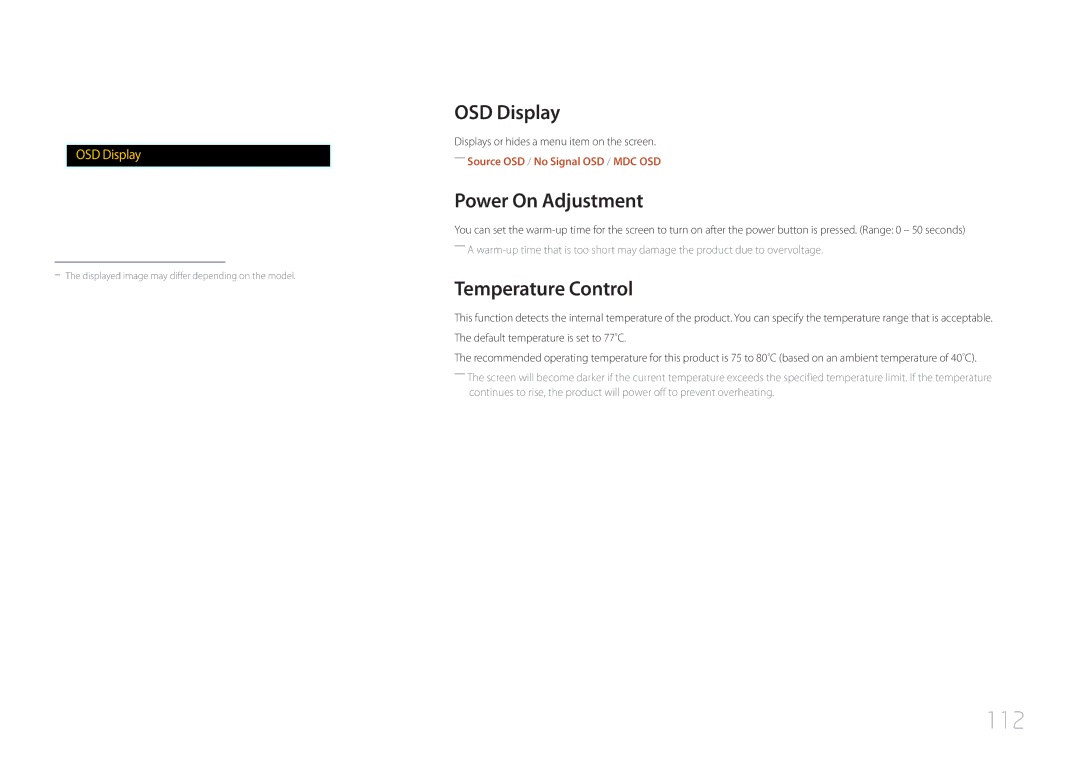 Samsung ED46C, ED65C, ED55C, ED32C, ED40C user manual 112, OSD Display, Power On Adjustment Sec Temperature Control 