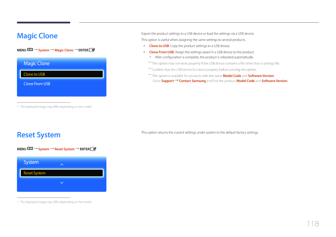 Samsung ED32C, ED65C, ED55C, ED46C, ED40C user manual Magic Clone, Reset System, 118, Clone From USB 