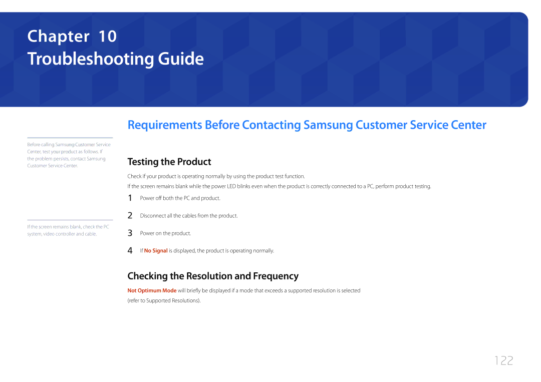 Samsung ED46C, ED65C, ED55C, ED32C Troubleshooting Guide, 122, Testing the Product, Checking the Resolution and Frequency 