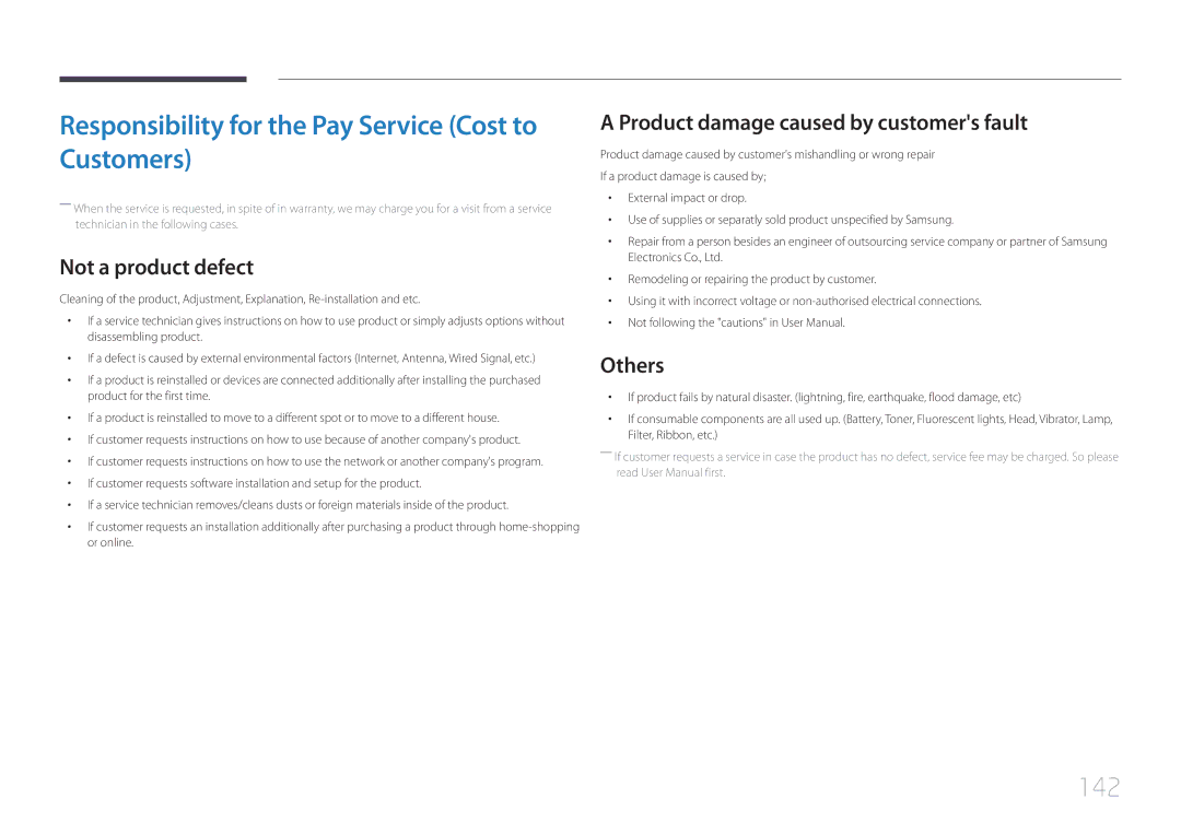 Samsung ED46C, ED65C, ED55C, ED32C Responsibility for the Pay Service Cost to Customers, 142, Not a product defect, Others 