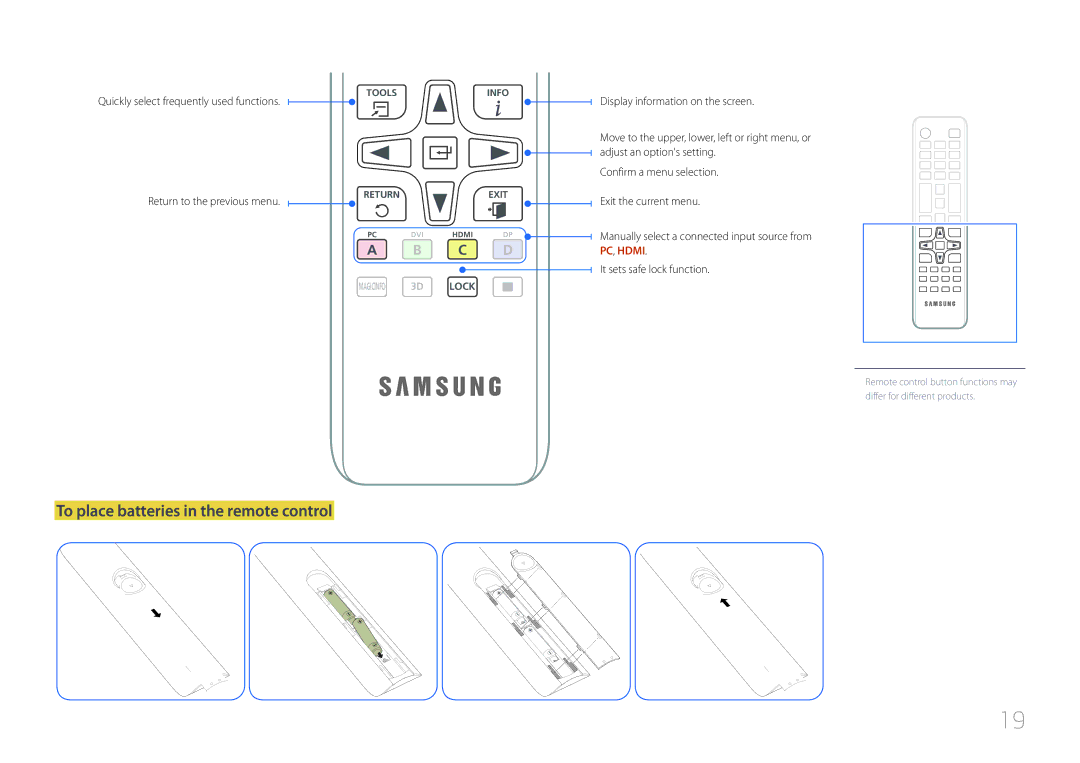 Samsung ED40C, ED65C, ED55C, ED46C, ED32C To place batteries in the remote control, Quickly select frequently used functions 