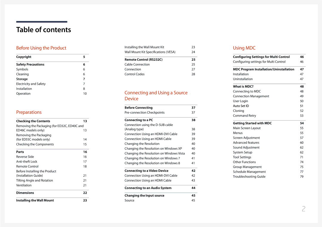 Samsung ED46C, ED65C, ED55C, ED32C, ED40C user manual Table of contents 