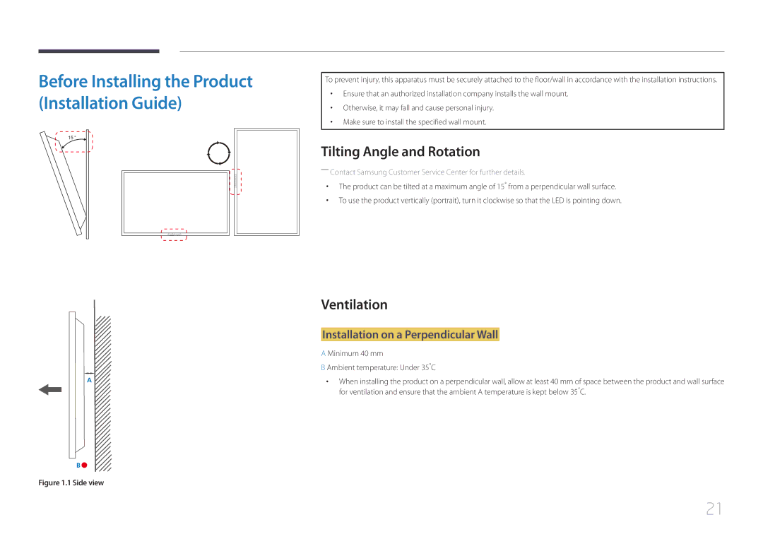 Samsung ED55C, ED65C, ED46C, ED32C, ED40C Tilting Angle and Rotation, Ventilation, Installation on a Perpendicular Wall 