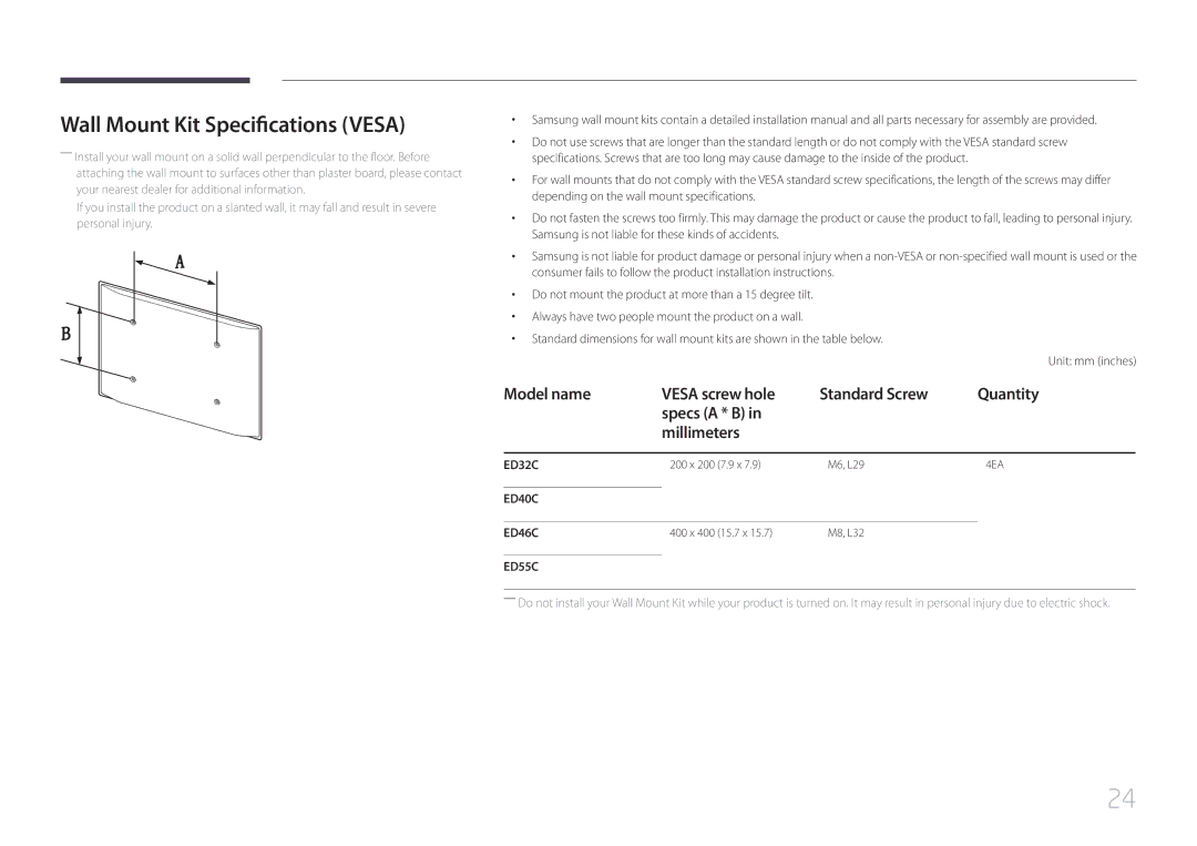 Samsung ED40C, ED65C, ED46C, ED32C user manual Wall Mount Kit Specifications Vesa, ED55C 