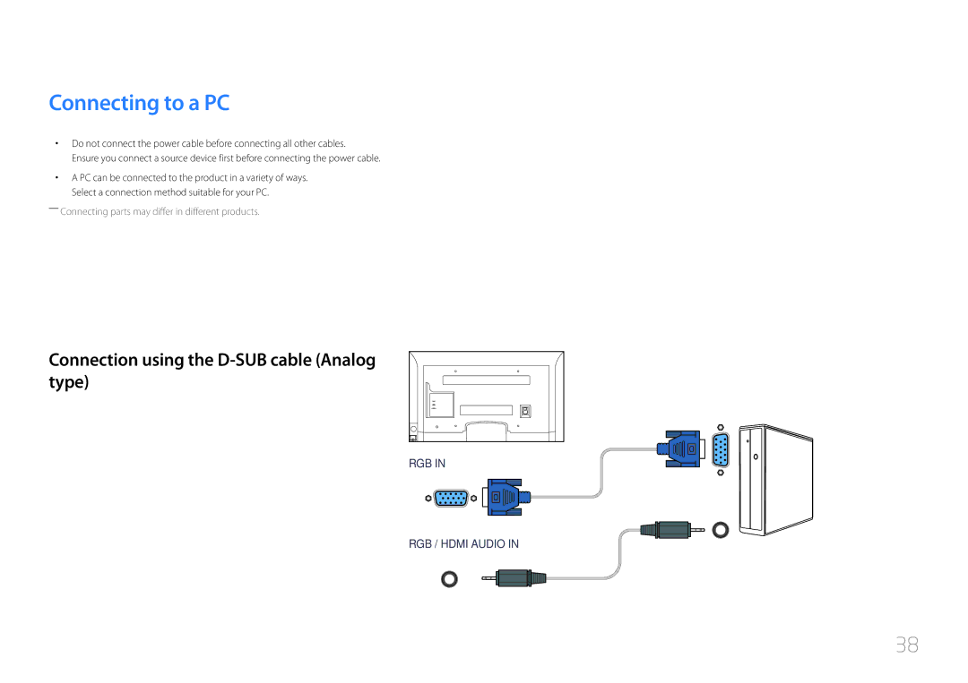 Samsung ED32C, ED65C, ED55C, ED46C, ED40C user manual Connecting to a PC, Connection using the D-SUB cable Analog type 