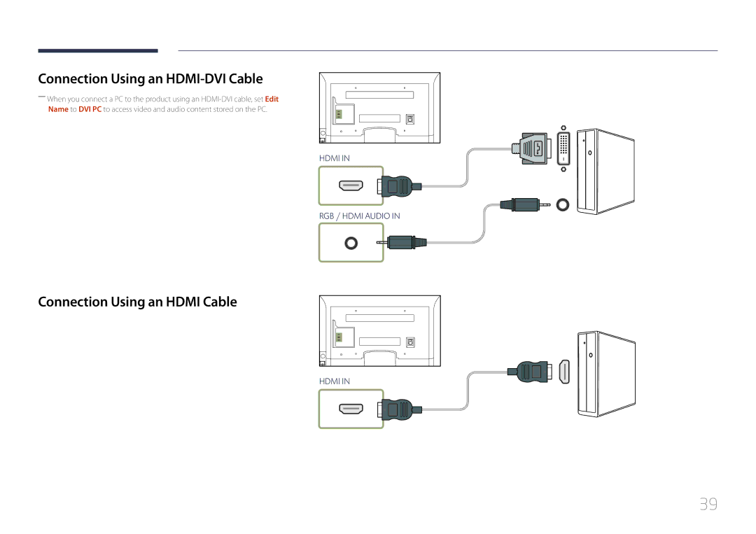 Samsung ED40C, ED65C, ED55C, ED46C, ED32C user manual Connection Using an HDMI-DVI Cable, Connection Using an Hdmi Cable 