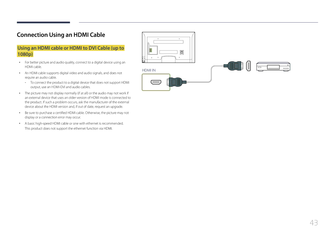 Samsung ED32C, ED65C, ED55C, ED46C, ED40C user manual Using an Hdmi cable or Hdmi to DVI Cable up to 1080p 