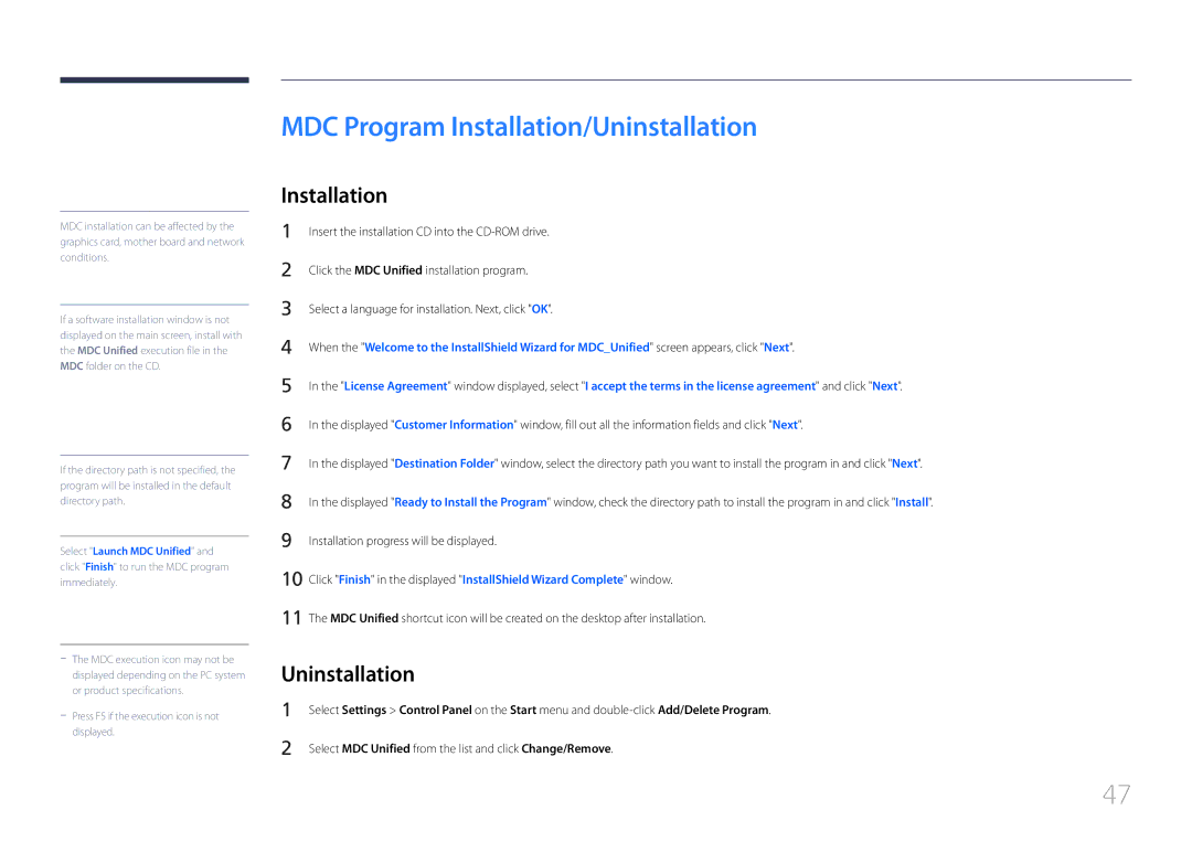 Samsung ED46C, ED65C, ED55C, ED32C, ED40C user manual MDC Program Installation/Uninstallation 