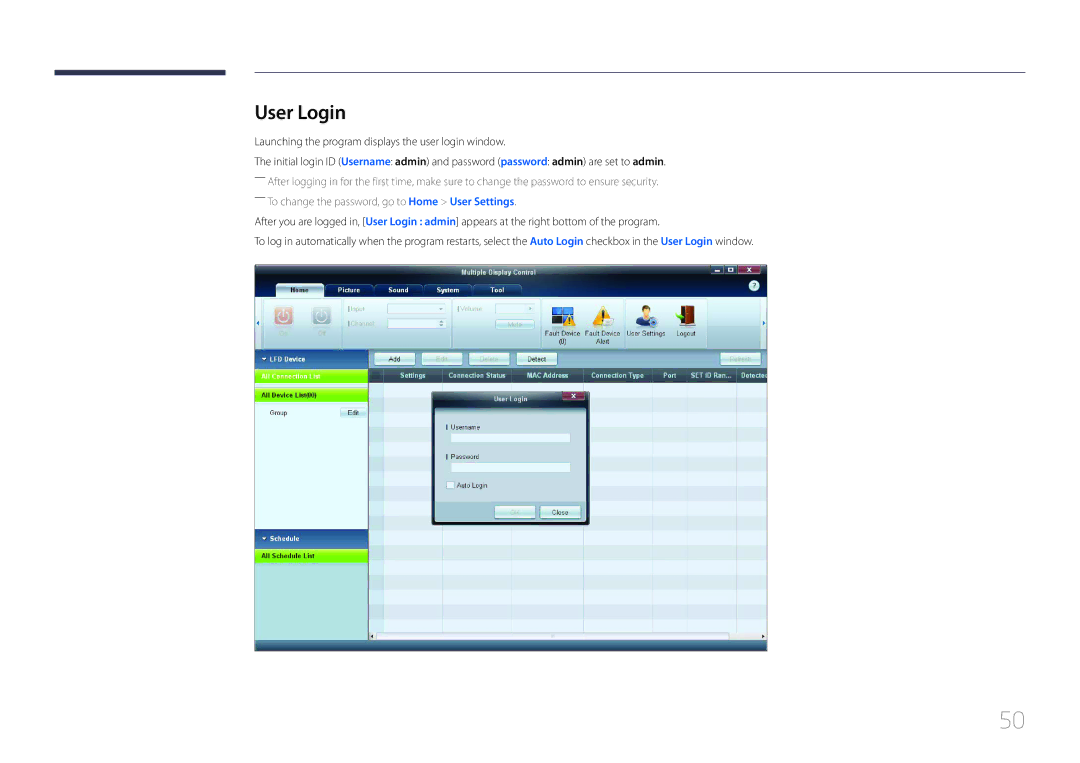 Samsung ED65C, ED55C, ED46C, ED32C, ED40C user manual User Login, Launching the program displays the user login window 