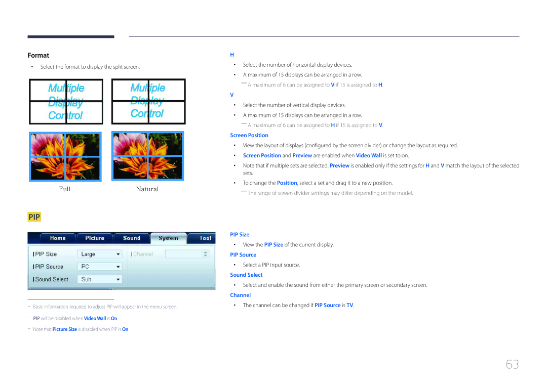 Samsung ED32C, ED65C, ED55C, ED46C Select the format to display the split screen, View the PIP Size of the current display 