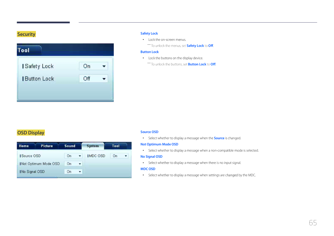 Samsung ED65C, ED55C, ED46C, ED32C Security OSD Display, Lock the on-screen menus, Lock the buttons on the display device 