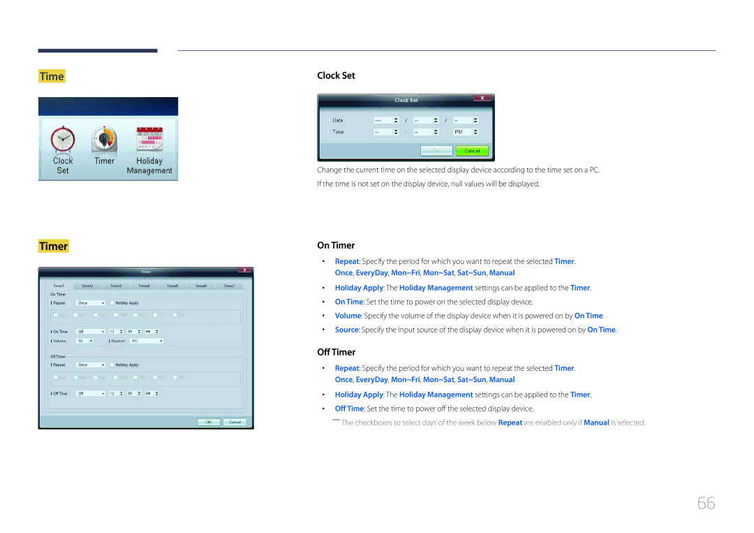 Samsung ED55C, ED65C, ED46C, ED32C, ED40C user manual On Time Set the time to power on the selected display device 