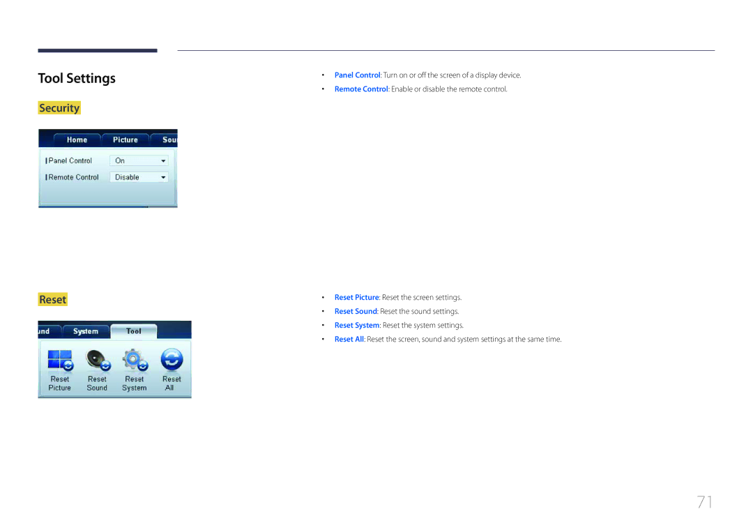 Samsung ED55C, ED65C, ED46C, ED32C, ED40C user manual Tool Settings, Security Reset 