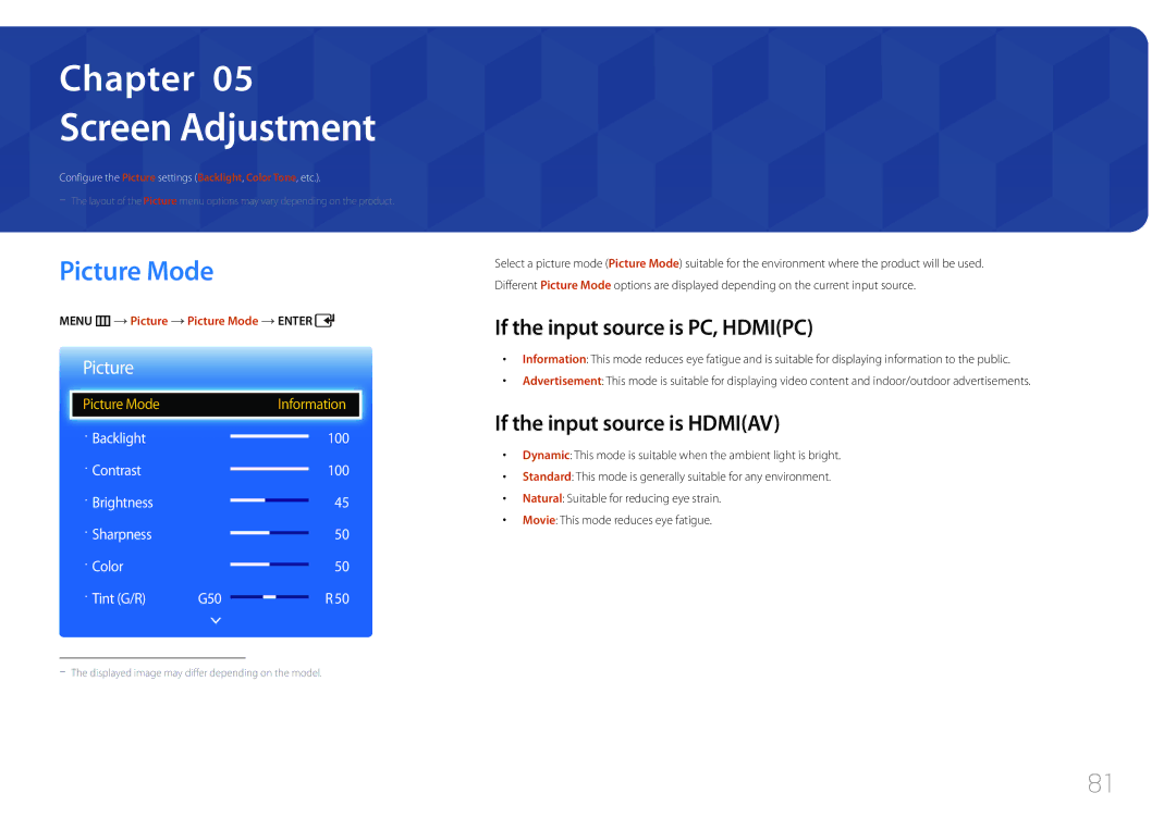 Samsung ED55C, ED65C Screen Adjustment, Picture Mode, If the input source is PC, Hdmipc, If the input source is Hdmiav 