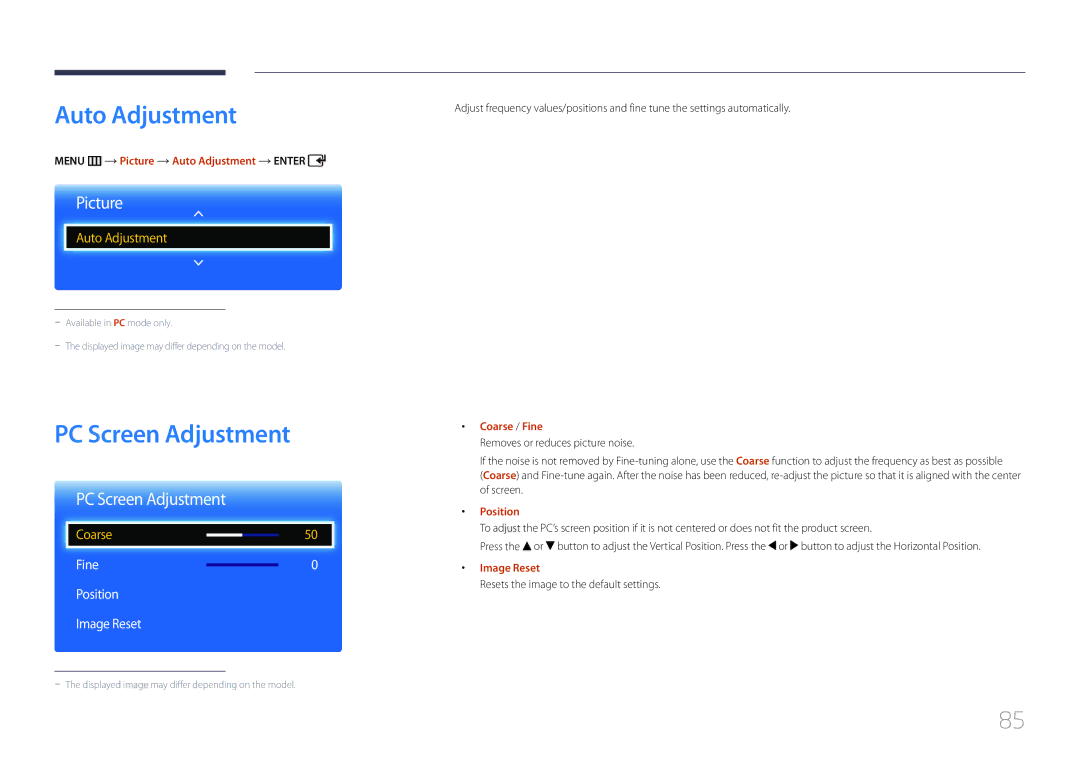 Samsung ED65C, ED55C, ED46C, ED32C, ED40C user manual Auto Adjustment, PC Screen Adjustment, Fine Position Image Reset 