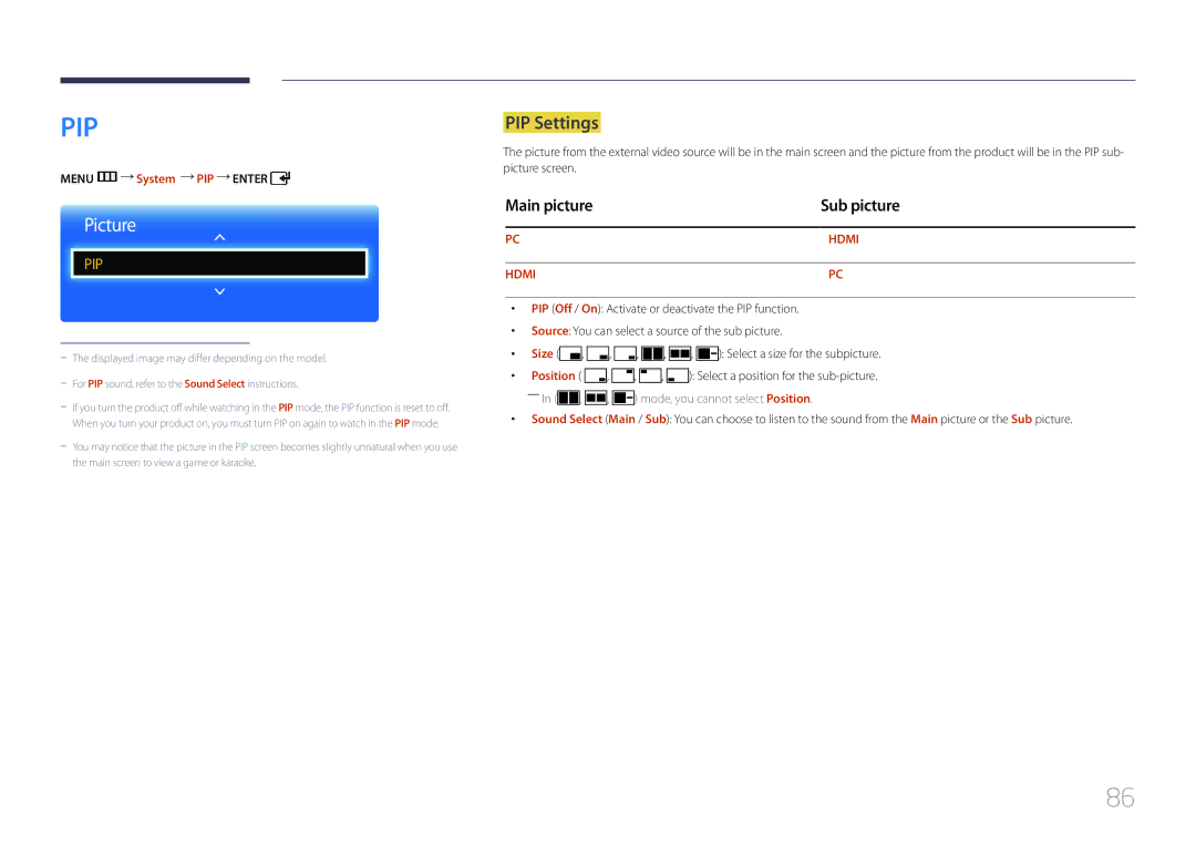 Samsung ED55C, ED65C, ED46C, ED32C, ED40C user manual PIP Settings, Main picture Sub picture, Menu m System PIP Enter 