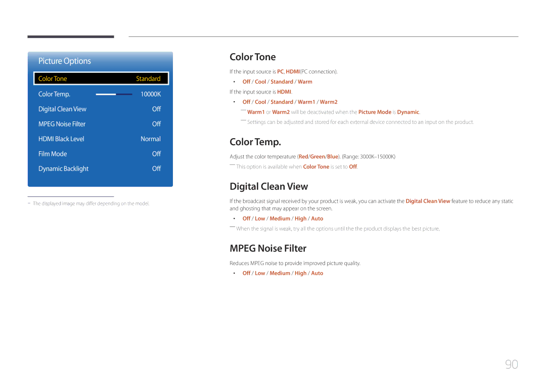 Samsung ED65C, ED55C, ED46C, ED32C, ED40C user manual Color Tone, Color Temp, Digital Clean View, Mpeg Noise Filter 