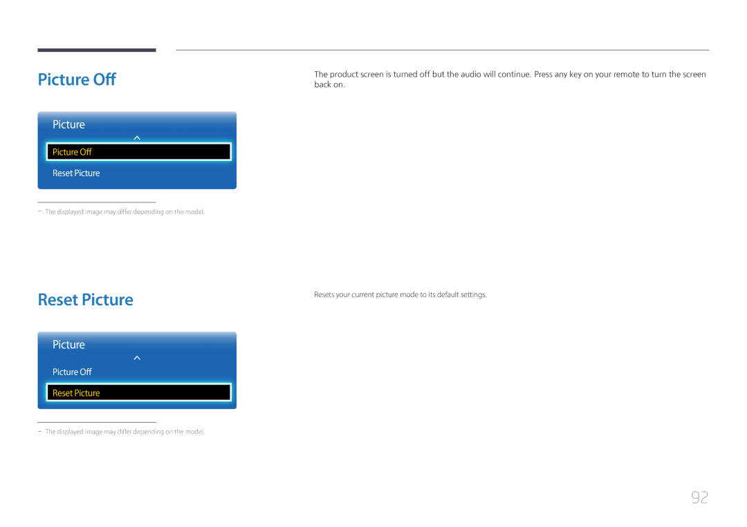 Samsung ED46C, ED65C, ED55C, ED32C, ED40C user manual Picture Off, Reset Picture 