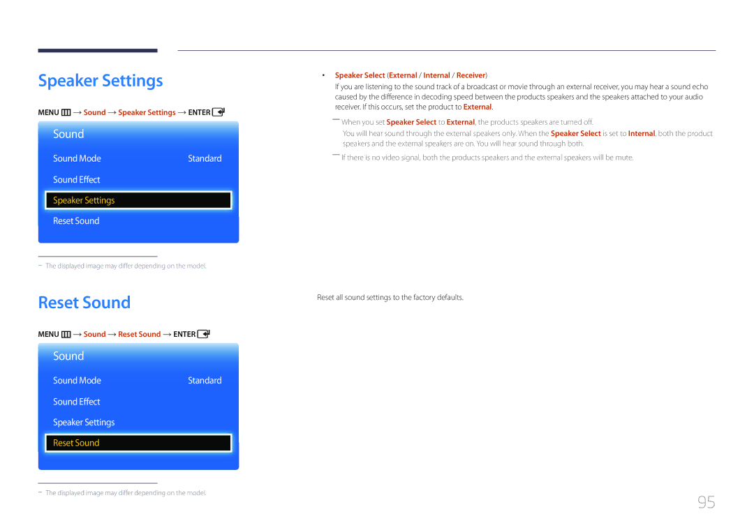 Samsung ED65C, ED55C, ED46C, ED32C, ED40C user manual Reset Sound, Sound Effect Speaker Settings 