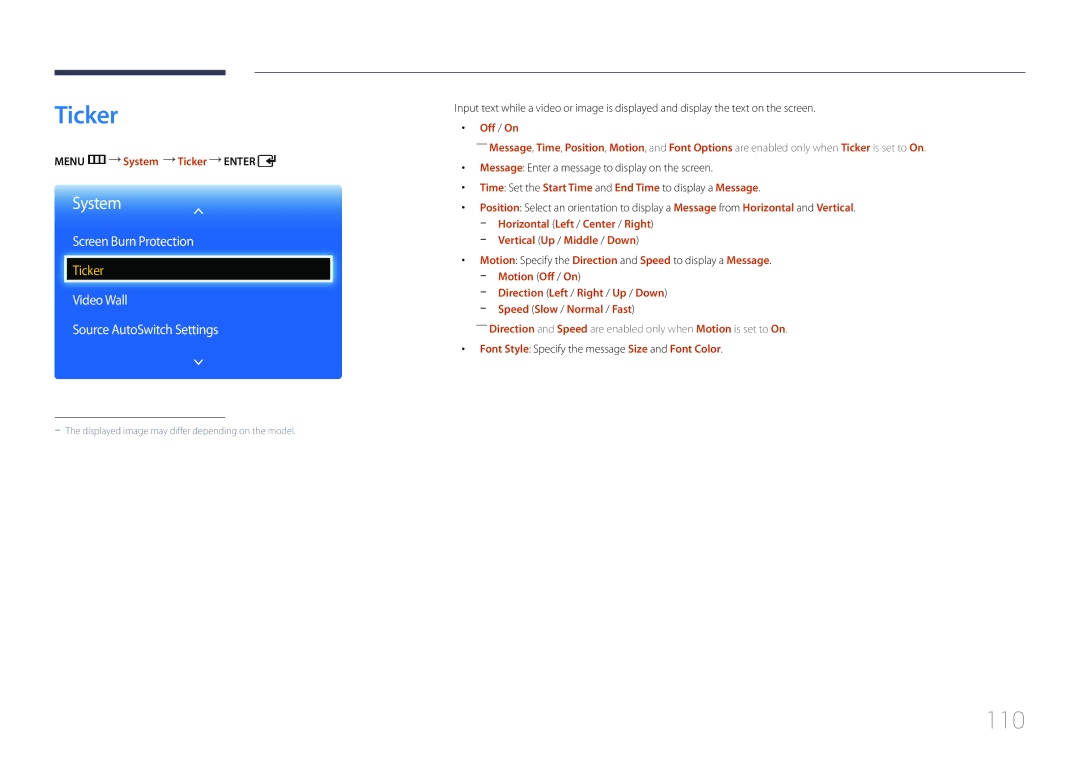 Samsung ED65C 110, Video Wall Source AutoSwitch Settings, Menu m System Ticker Enter, Vertical Up / Middle / Down 