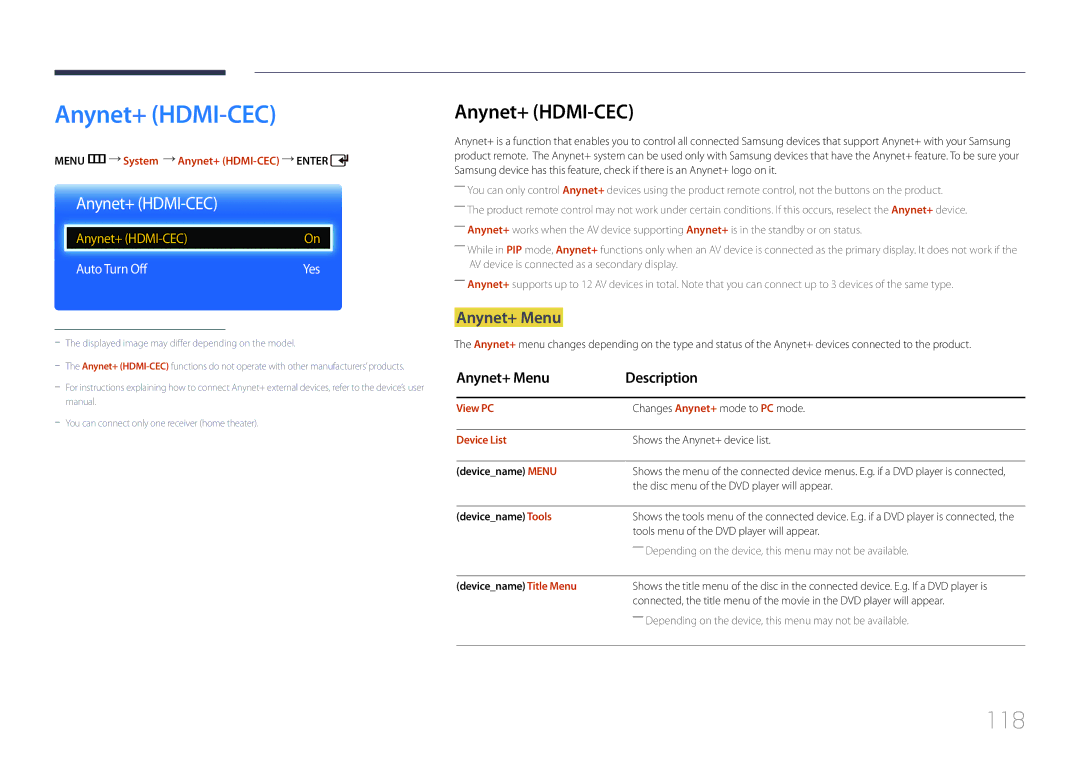 Samsung ED65C, ED75C user manual Anynet+ HDMI-CEC, 118, Anynet+ Menu 