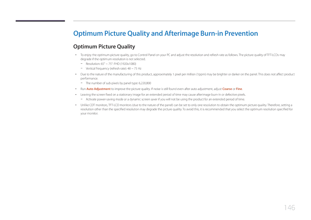 Samsung ED65C, ED75C user manual Optimum Picture Quality and Afterimage Burn-in Prevention, 146 