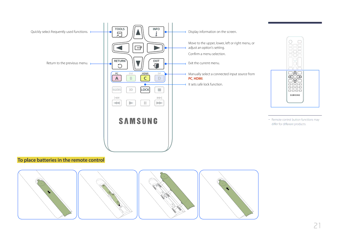 Samsung ED75C, ED65C user manual To place batteries in the remote control, Quickly select frequently used functions 