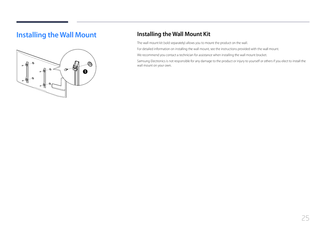 Samsung ED75C, ED65C user manual Installing the Wall Mount Kit, Wall mount on your own 