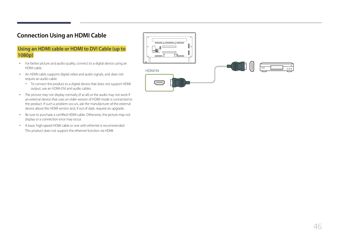 Samsung ED65C, ED75C user manual Using an Hdmi cable or Hdmi to DVI Cable up to 1080p 