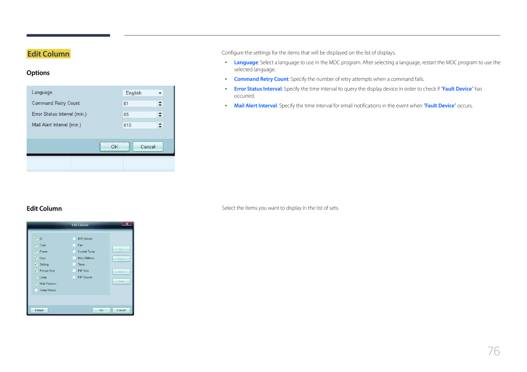 Samsung ED65C, ED75C user manual Options Edit Column 