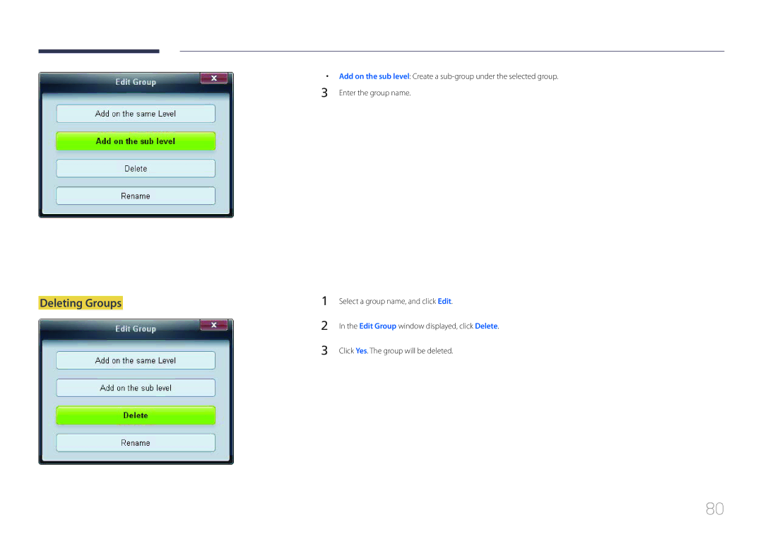 Samsung ED65C, ED75C user manual Deleting Groups 