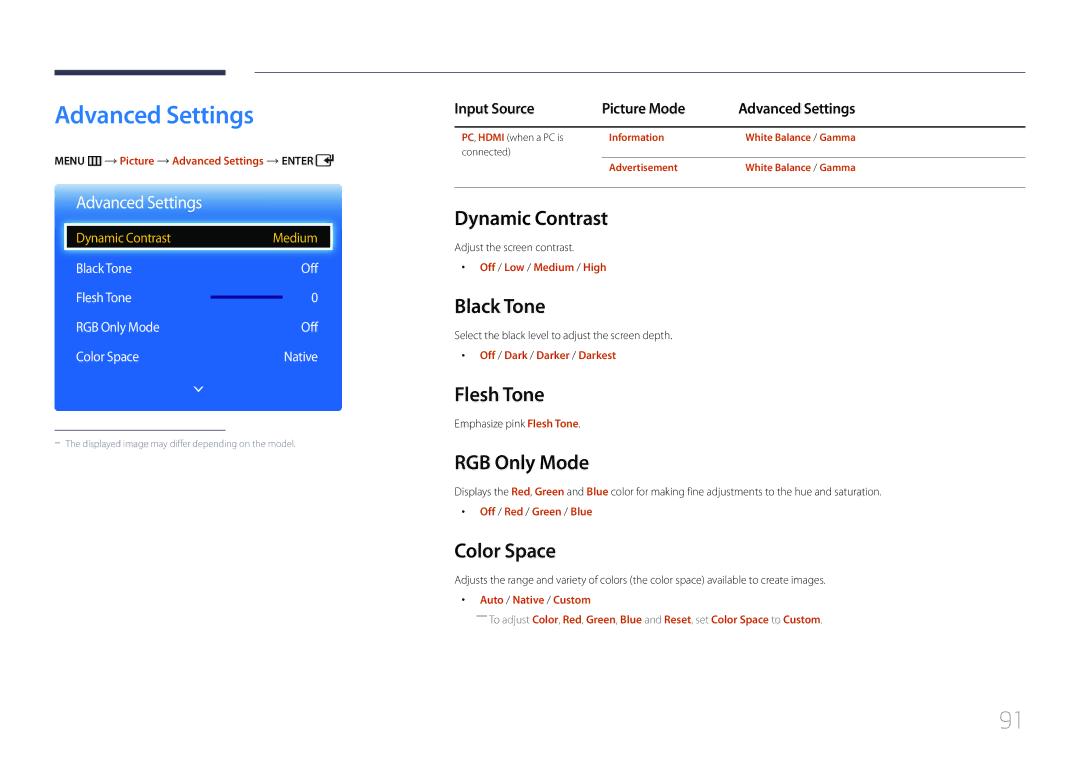 Samsung ED75C, ED65C user manual Advanced Settings 