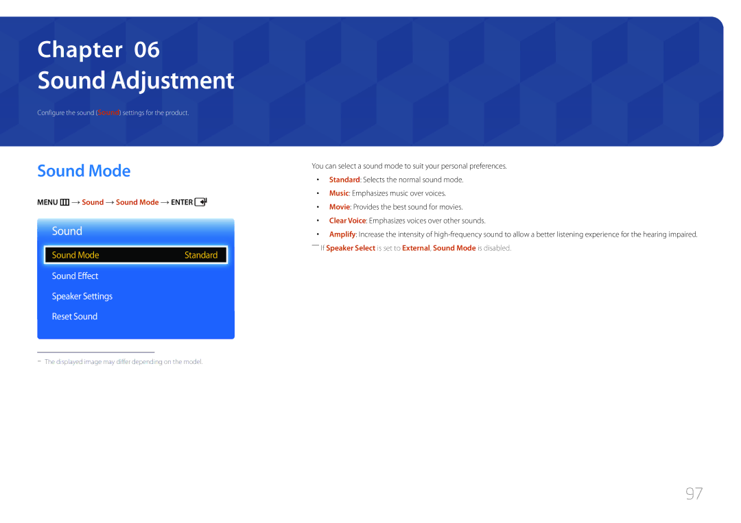 Samsung ED75C, ED65C Sound Adjustment, Sound Effect Speaker Settings Reset Sound, Menu m Sound Sound Mode Enter 