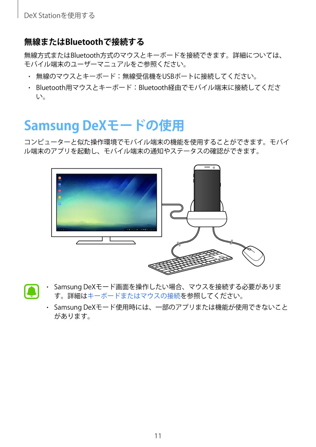 Samsung EE-MG950TBEGJP manual Samsung DeXモードの使用, 無線またはBluetoothで接続する 