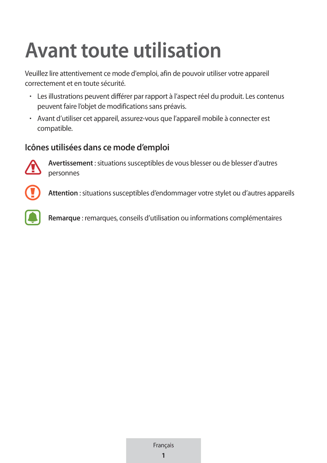 Samsung EE-P5000BBEGWW, EE-P5000BBRGRU manual Avant toute utilisation, Icônes utilisées dans ce mode d’emploi 