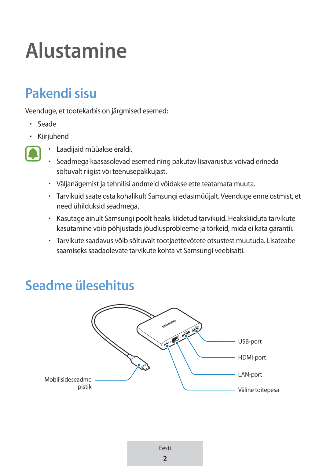 Samsung EE-P5000BBEGWW, EE-P5000BBRGRU manual Alustamine, Pakendi sisu, Seadme ülesehitus 