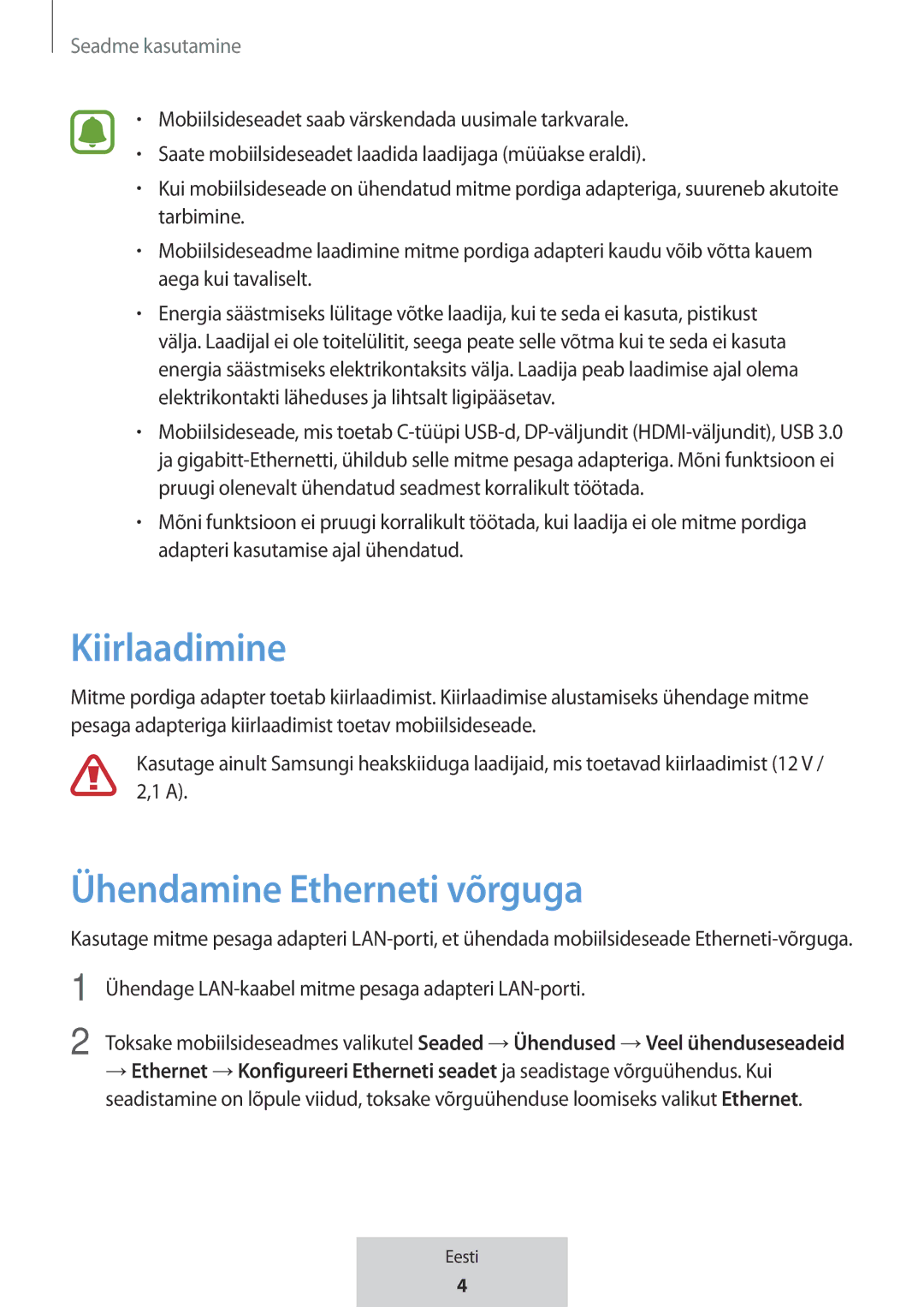 Samsung EE-P5000BBEGWW, EE-P5000BBRGRU manual Kiirlaadimine, Ühendamine Etherneti võrguga, Seadme kasutamine 