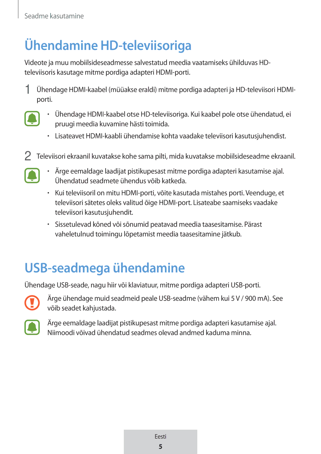 Samsung EE-P5000BBRGRU, EE-P5000BBEGWW manual Ühendamine HD-televiisoriga, USB-seadmega ühendamine 