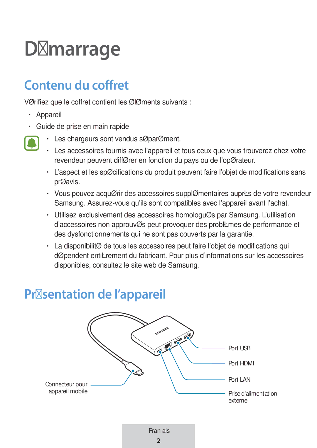 Samsung EE-P5000BBRGRU, EE-P5000BBEGWW manual Démarrage, Contenu du coffret, Présentation de lappareil 