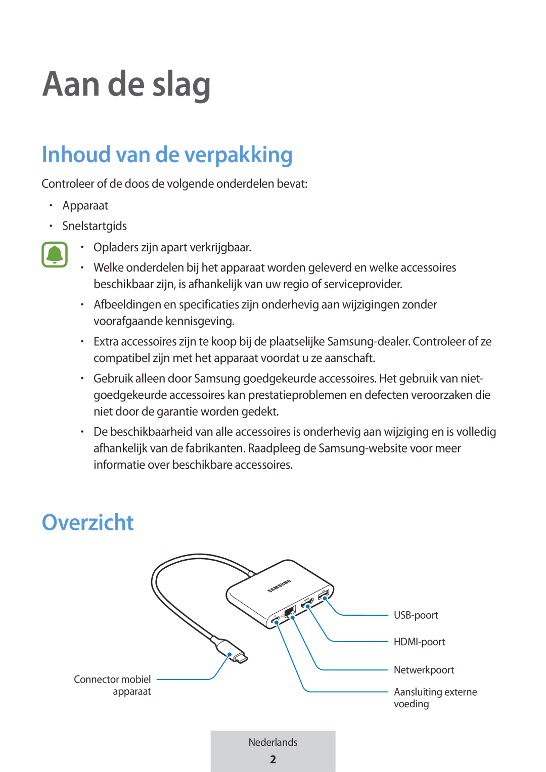 Samsung EE-P5000BBRGRU, EE-P5000BBEGWW manual Aan de slag, Inhoud van de verpakking, Overzicht 