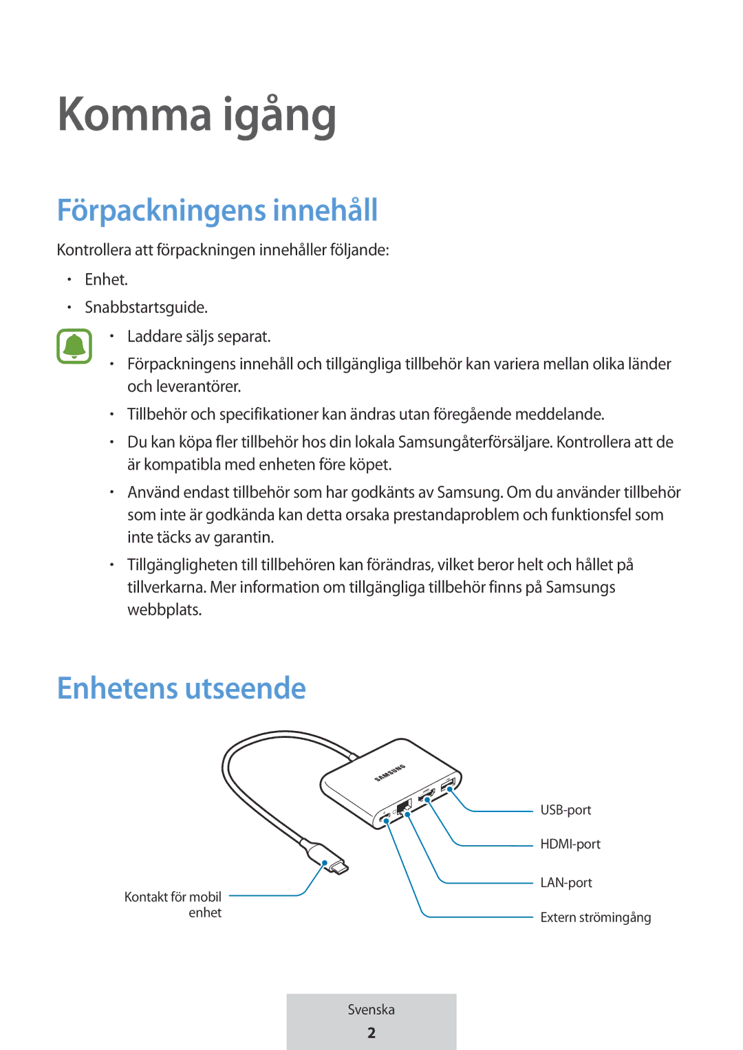 Samsung EE-P5000BBEGWW, EE-P5000BBRGRU manual Komma igång, Förpackningens innehåll, Enhetens utseende 