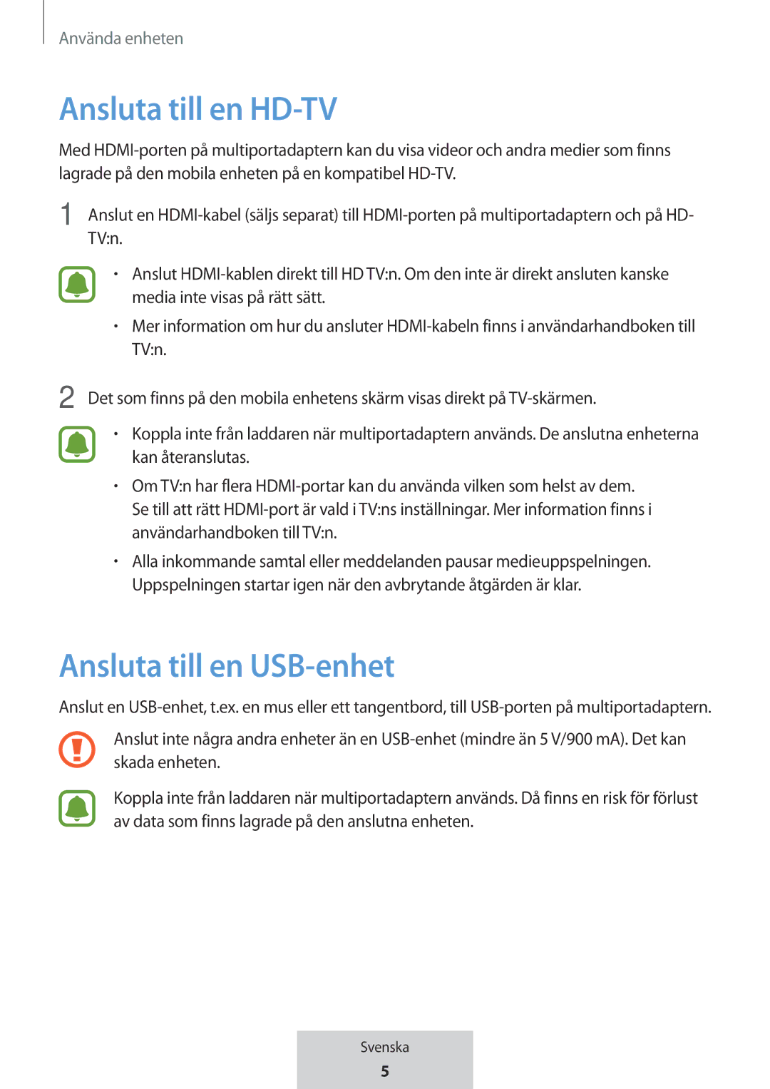 Samsung EE-P5000BBRGRU, EE-P5000BBEGWW manual Ansluta till en HD-TV, Ansluta till en USB-enhet 