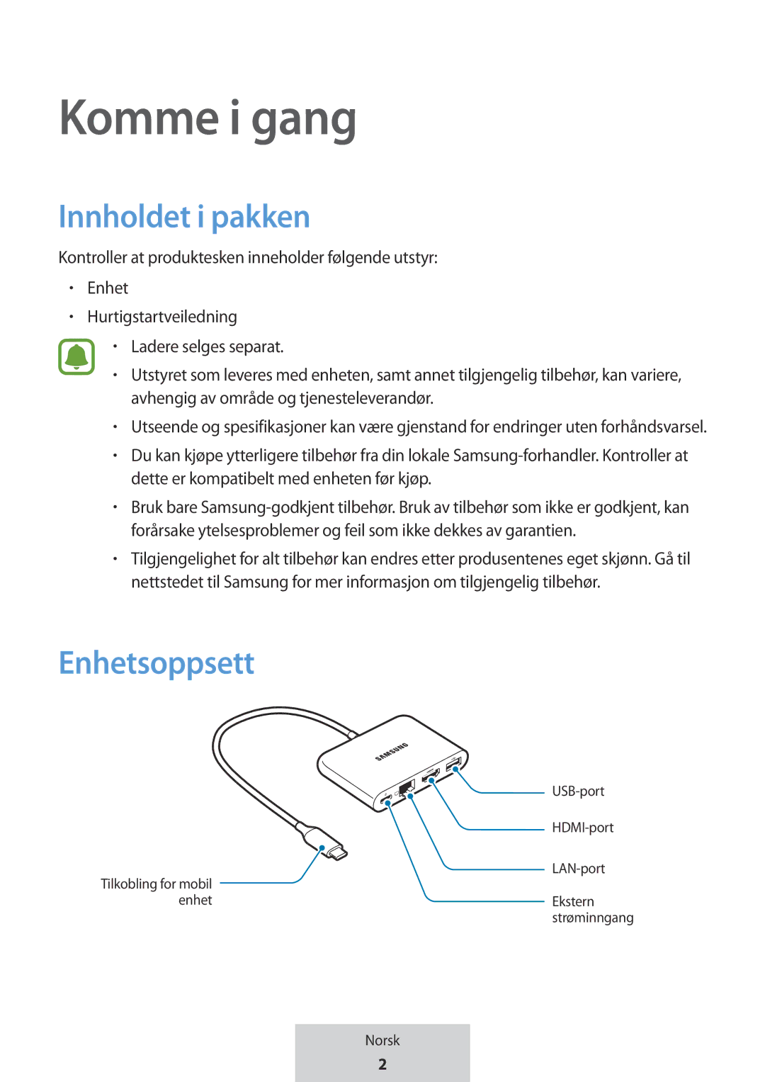 Samsung EE-P5000BBRGRU, EE-P5000BBEGWW manual Komme i gang, Innholdet i pakken, Enhetsoppsett 