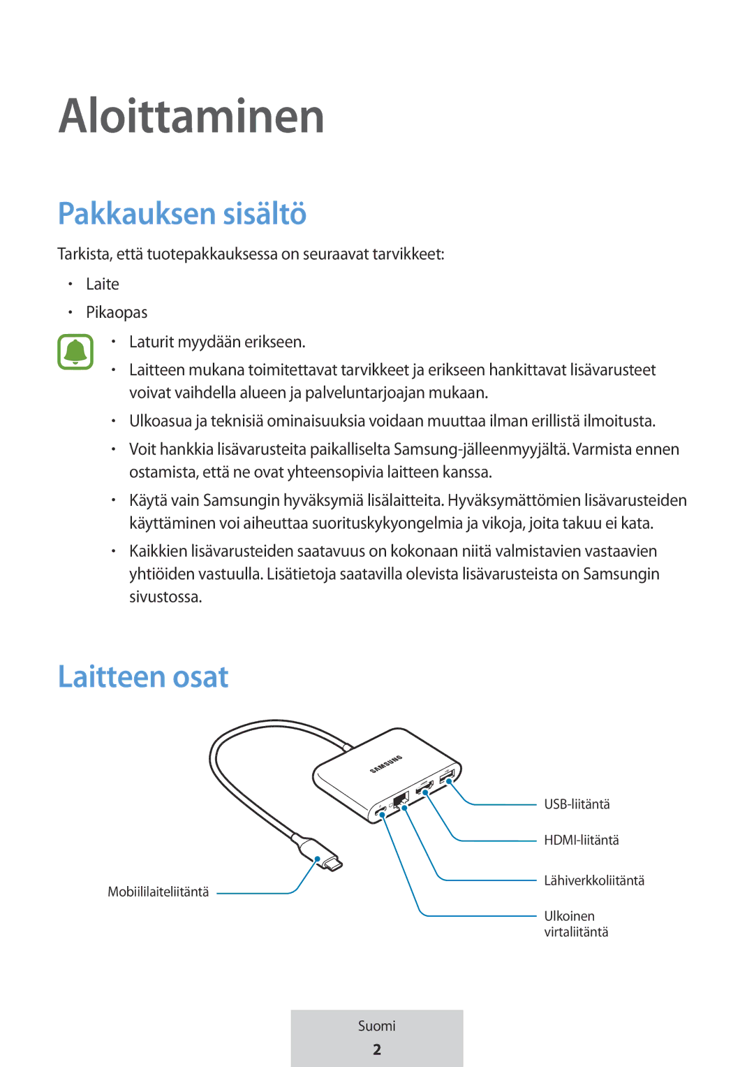 Samsung EE-P5000BBEGWW, EE-P5000BBRGRU manual Aloittaminen, Pakkauksen sisältö, Laitteen osat 