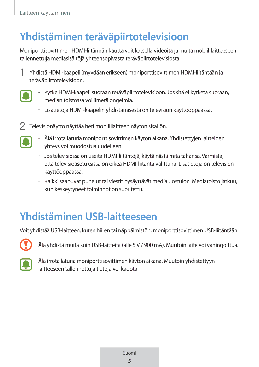 Samsung EE-P5000BBRGRU, EE-P5000BBEGWW manual Yhdistäminen teräväpiirtotelevisioon, Yhdistäminen USB-laitteeseen 