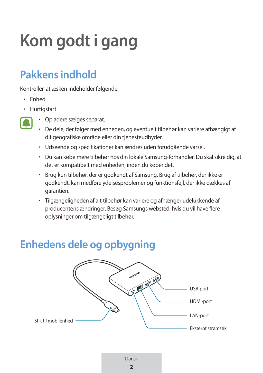 Samsung EE-P5000BBRGRU, EE-P5000BBEGWW manual Kom godt i gang, Pakkens indhold, Enhedens dele og opbygning 