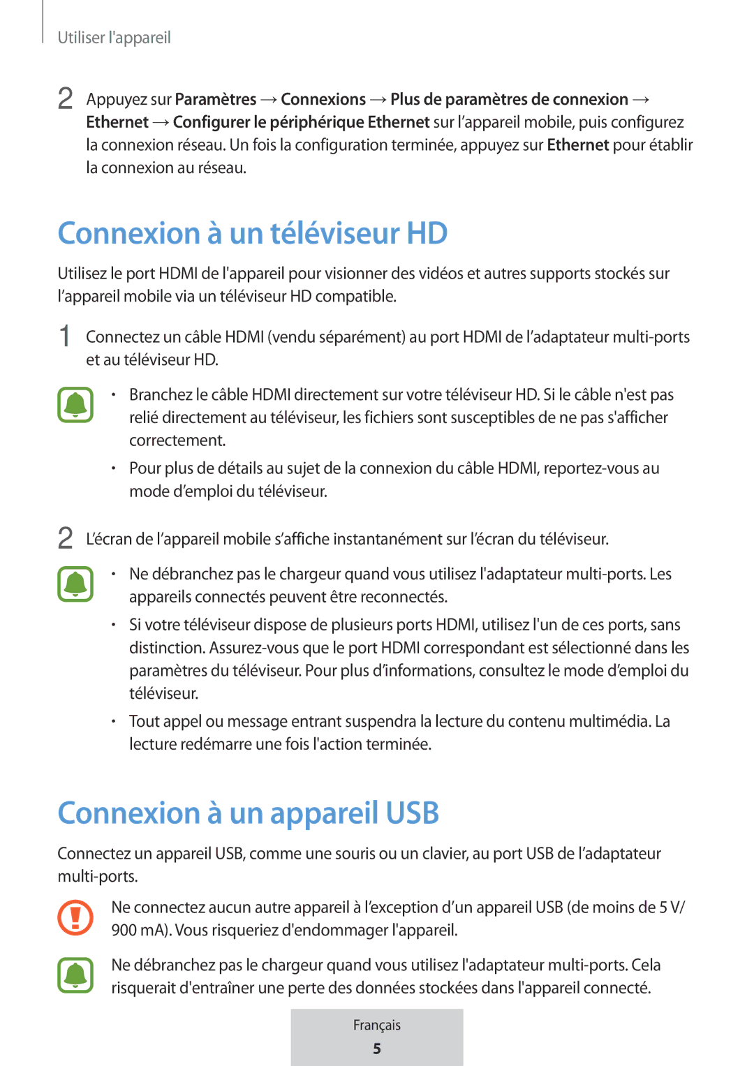 Samsung EE-P5000BBEGWW, EE-P5000BBRGRU manual Connexion à un téléviseur HD, Connexion à un appareil USB 